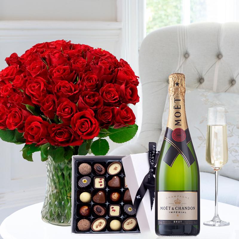 50 Red Roses, Moët & Chandon & 25 Chocolates | Luxury Hand- Tied Bouquets & Gifts | Fast UK Flower Delivery - Appleyard London