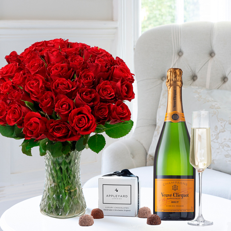 Flower Gift Set - 50 Red Roses & Veuve Clicquot & 6 Mixed Truffles - Next Day Flower & Gift Delivery UK - Appleyard London