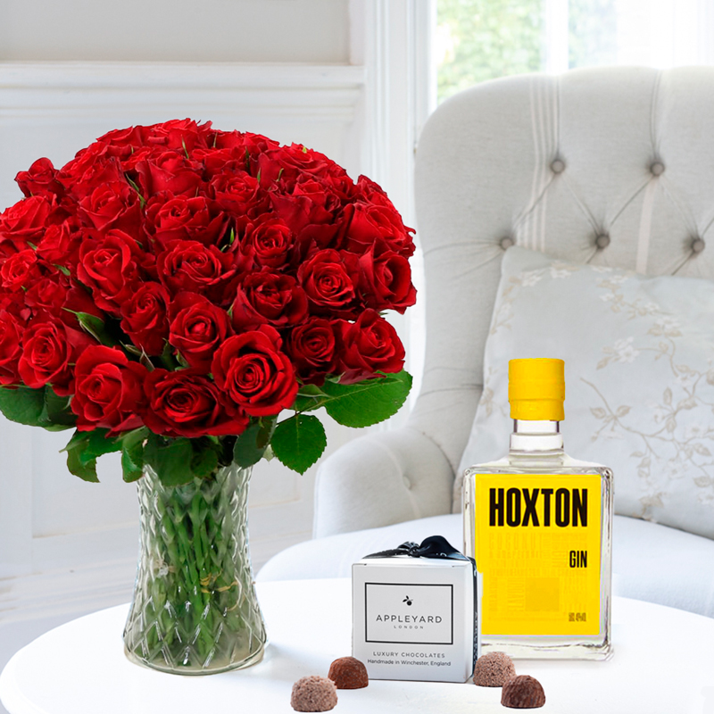 50 Red Roses, Hoxton Coconut & Grapefruit Gin & 6 Mixed Truffles | Luxury Hand- Tied Bouquets & Gifts | Fast UK Flower Delivery - Appleyard London