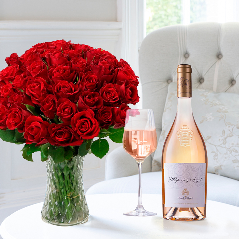 Flowers & Wine Gift Set - - 50 Red Roses & Whispering Angel - Next Day Flower & Gift Delivery UK - Appleyard London