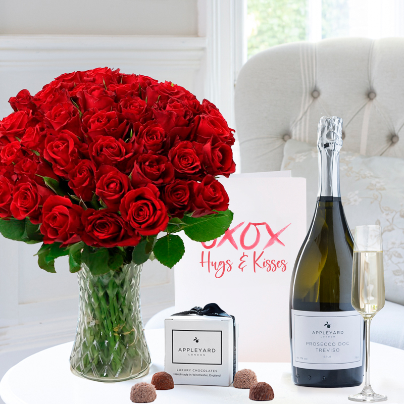 50 Red Roses, Prosecco, 6 Mixed Truffles & Romance Gift Card | Luxury Hand- Tied Bouquets & Gifts | Fast UK Flower Delivery - Appleyard London