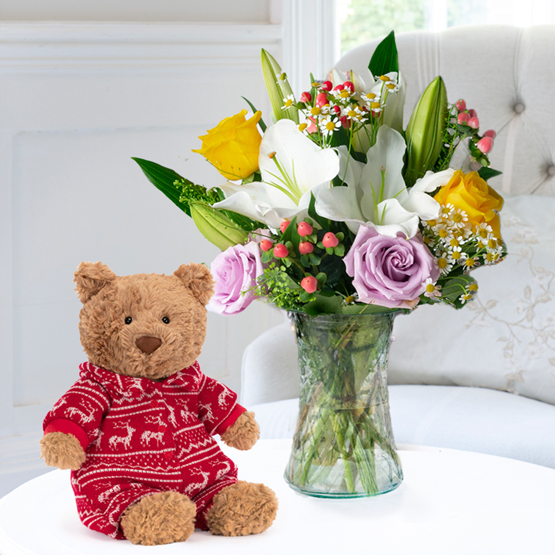 Yellow & Lilac Roses with Fragrant White Lilies | Jellycat Bartholomew Bear Winter Pyjamas | Flowers & Gifts Delivered | Appleyard London