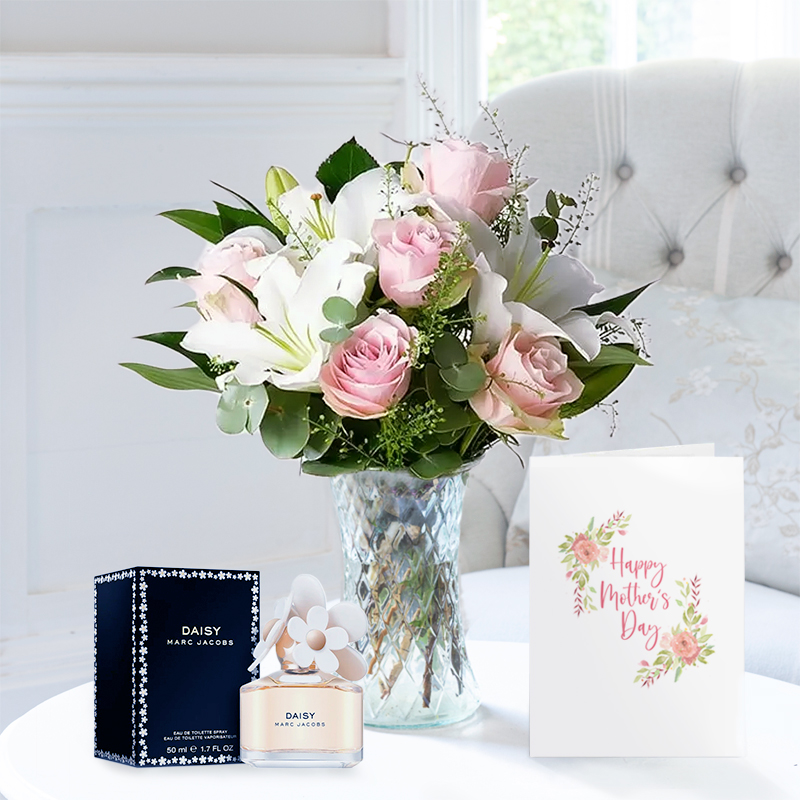 Luxury Pink Roses & White Lilies | Marc Jacobs Daisy Perfume & Mother's Day Card | Mother's Day Flowers & Gifts Delivery UK | Appleyard London