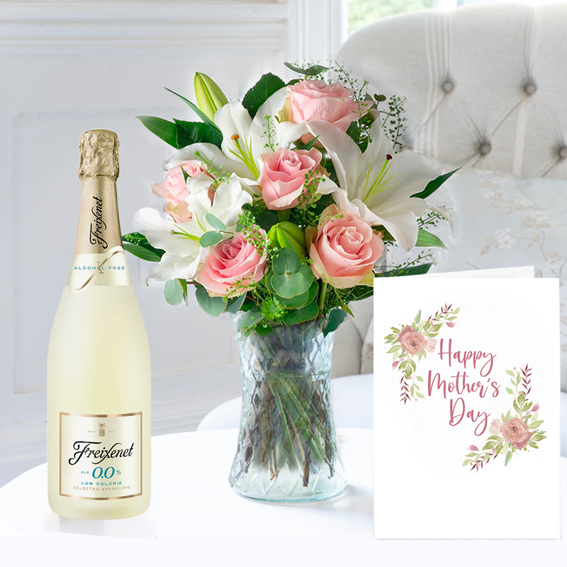 Luxury Pink Roses & White Lilies | Alcohol Free Prosecco, Truffles & Mother's Day Card | Mother's Day Flowers & Gifts Delivery UK | Appleyard London