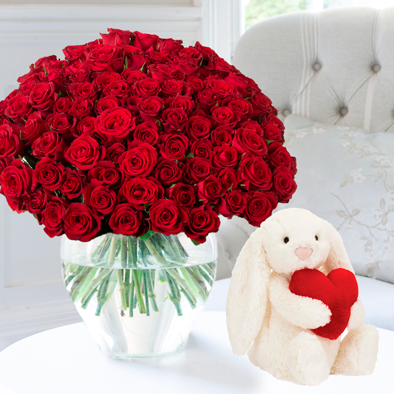 100 Luxury Red Roses & Jellycat® Bashful Red Love Heart Bunny image