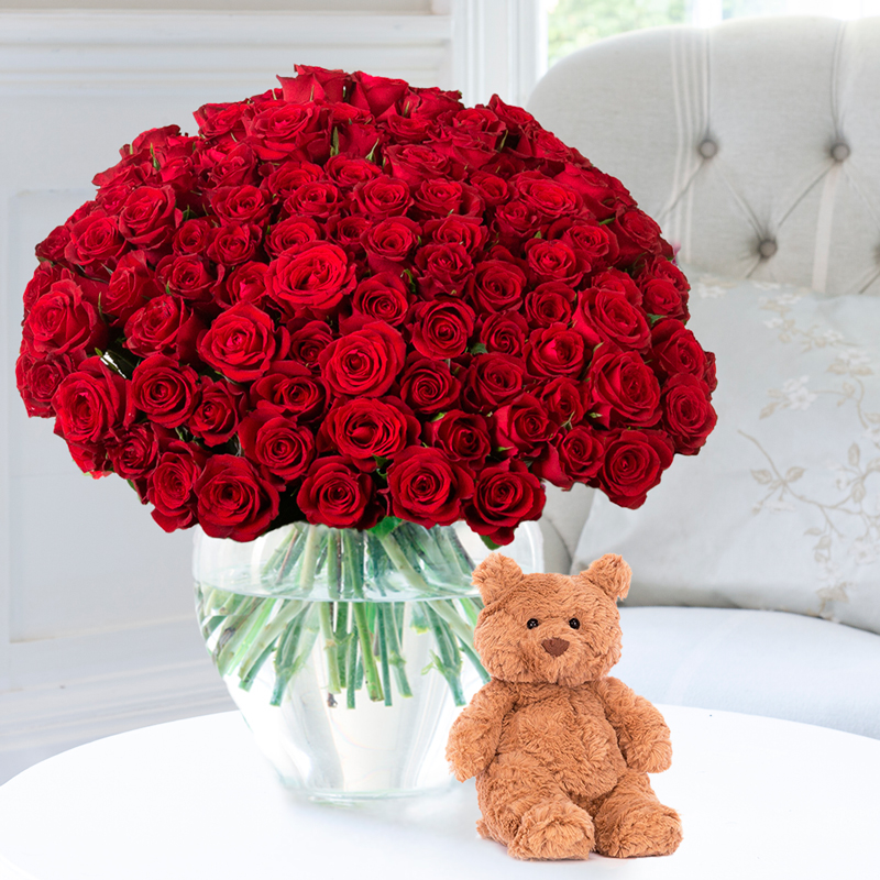 100 Luxury Red Roses & Jellycat® Bartholomew Bear (Tiny) image
