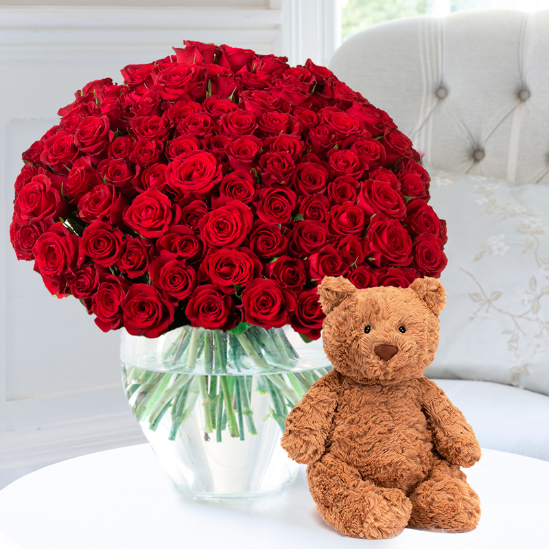 100 Luxury Red Roses & Jellycat® Bartholomew Bear (Medium) image