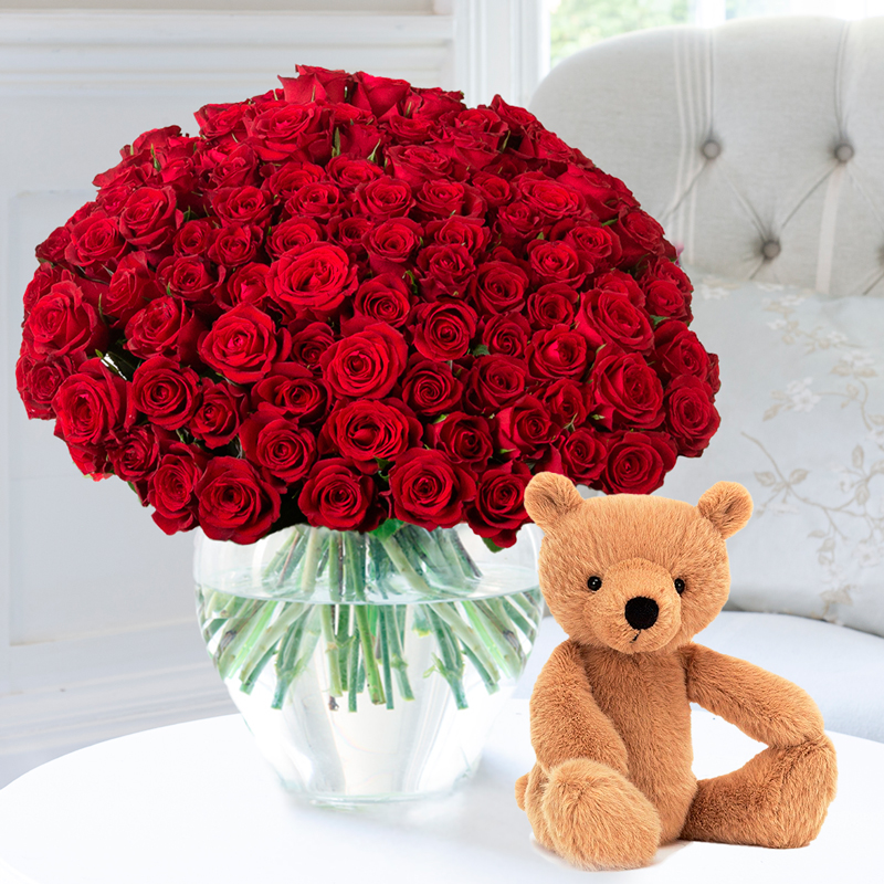 100 Luxury Red Roses & Jellycat® Rufus Bear (29cm) image