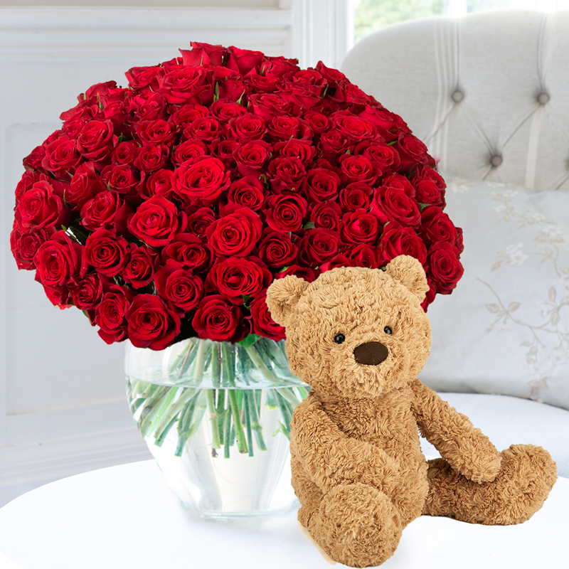 100 Luxury Red Roses & Jellycat® Bumbly Bear image