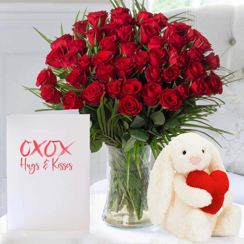 50 Luxury Red Roses, Jellycat Bashful Red Love Heart Bunny & Romance Card | Gifts to Truly Wow by Appleyard | Next Day Flowers Delivery - Appleyard