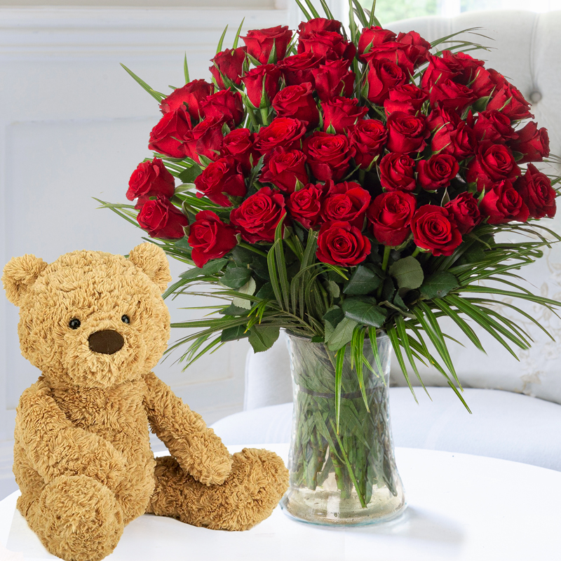 50 Luxury Red Roses & Jellycat Bumbly Bear | Gifts to Truly Wow by Appleyard | Next Day Flowers Delivery - Appleyard London