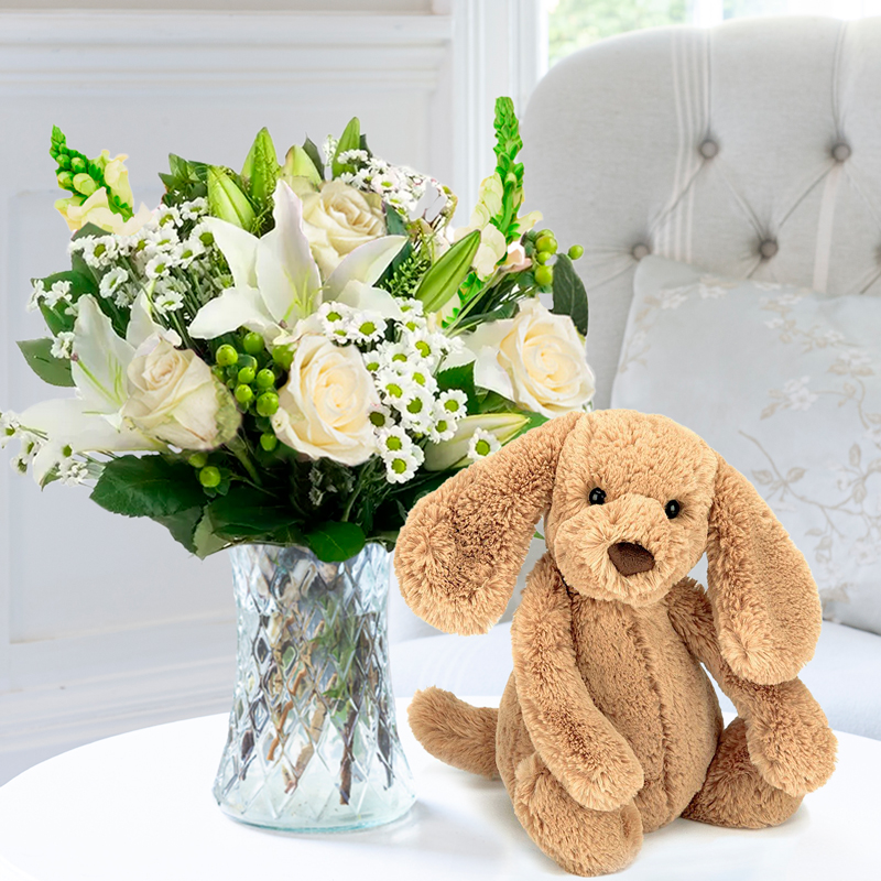 Simply White Rose & Lily & Jellycat® Bashful Toffee Puppy image