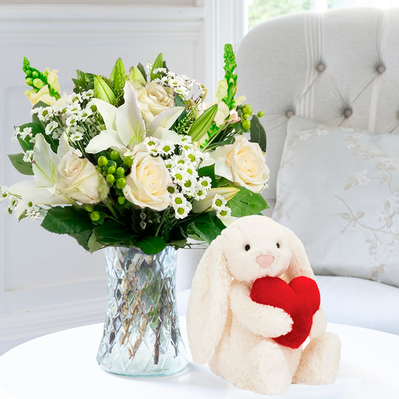 Simply White Rose & Lily & Jellycat® Red Love Heart Bunny image