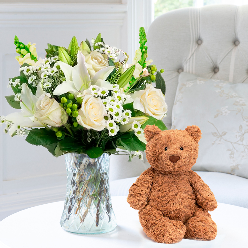 Simply White Rose & Lily & Jellycat® Bartholomew Bear (Medium) image