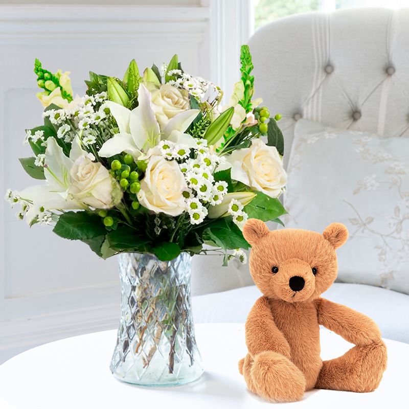 Simply White Rose & Lily & Jellycat® Rufus Bear (29cm) image