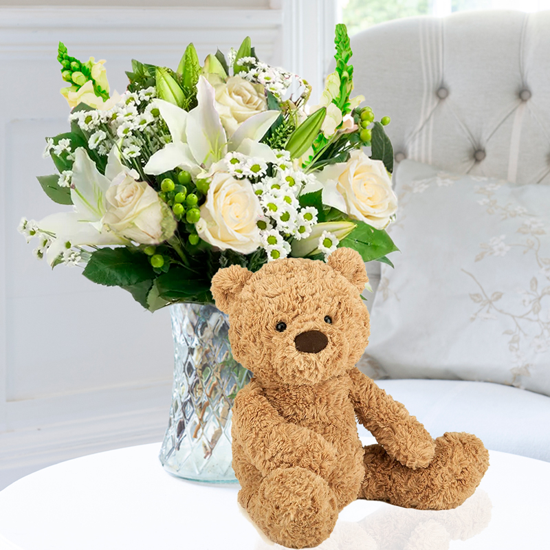 Simply White Rose & Lily & Jellycat® Bumbly Bear (38cm) image