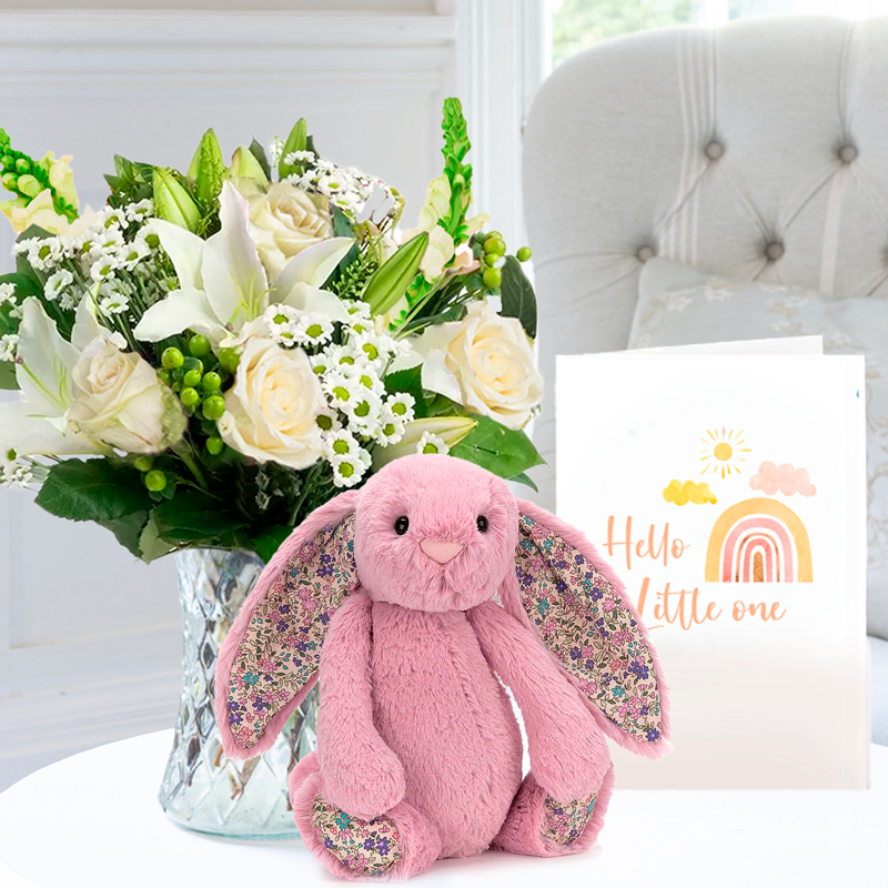 Simply White Rose & Lily, Jellycat® Blossom Tulip Bunny & New Baby Card image