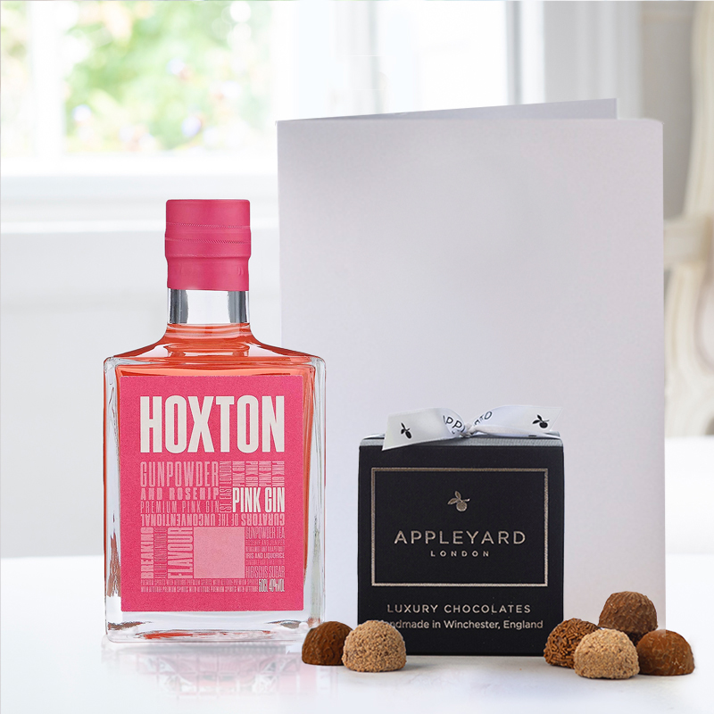 Hoxton Pink Gin (50cl), 12 Handmade Chocolate Truffles & Occasion Card image