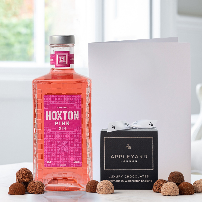 Hoxton Pink Gin (70cl), 12 Handmade Chocolate Truffles & Occasion Card image