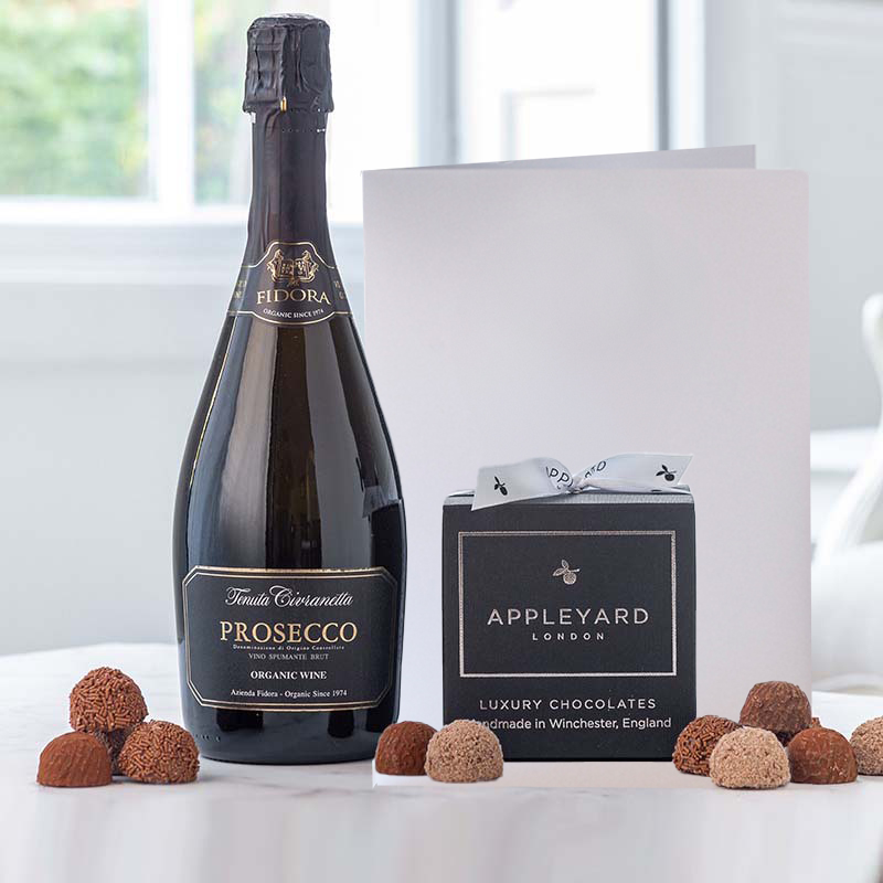 Prosecco Fidora Organic (75cl), 12 Handmade Chocolate Truffles & Occasion Card image