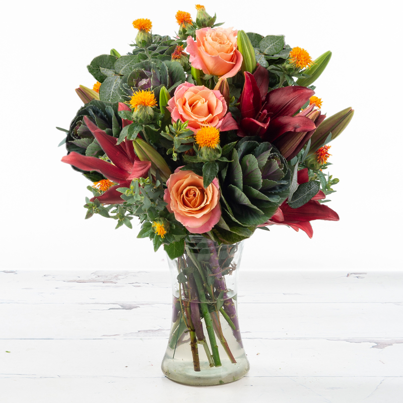 Autumn Flowers | Purple Brassica, Peach Roses & Red Lilies | Autumn Garden Seasonal Bouquet | Next Day Flower Delivery - Appleyard London
