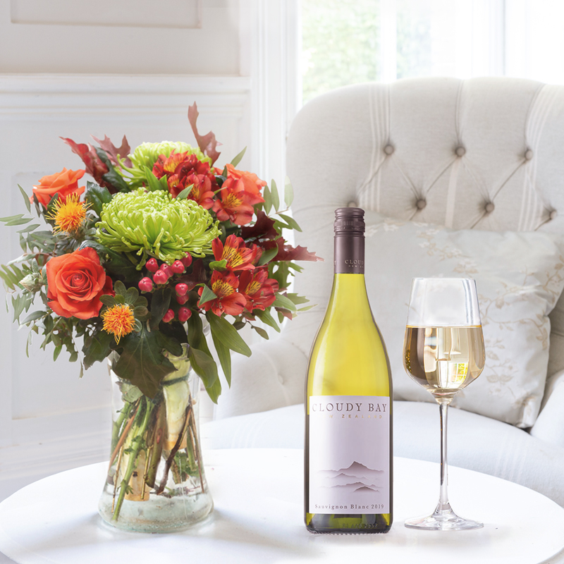 Flower Gift Set - Autumn Punch & Cloudy Bay Sauvignon Blanc - Green, Red - Alstroemeria & Chrysanthemum - Next Day Flower & Gift Delivery UK -