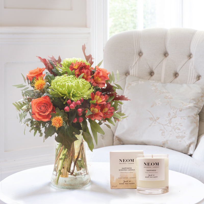 Flower Gift Set Autumn Punch & NEOM Happiness Candle Gift Set - Green, Red - Alstroemeria & Chrysanthemum - Next Day Flower & Gift Delivery UK -