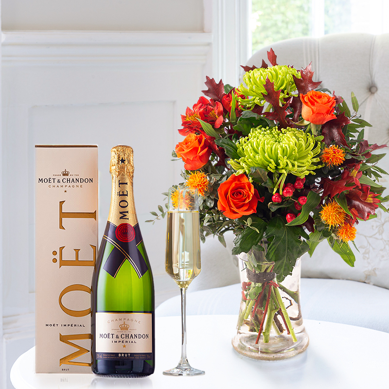 Flower Gift Set - Autumn Punch & Moët & Chandon - Green, Red - Alstroemeria & Chrysanthemum - Next Day Flower & Gift Delivery UK - Appleyard London