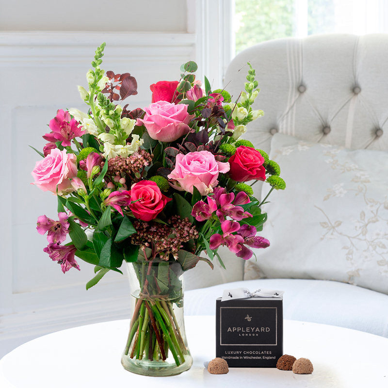 Flower Gift Set - Autumn Rose, Vase & 12 Truffles - Cream, Green, Lilac - Antirrhinum & Chrysanthemum - Next Day Flower & Gift Delivery UK - Appleyard