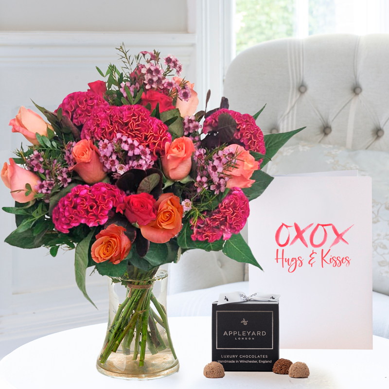 Romance Flower Gift Set - Autumn Woodlands, 12 Truffles & Romance Card - Green, Orange, Peach - Alstroemeria & Roses - Next Day Flower & Gift Delivery