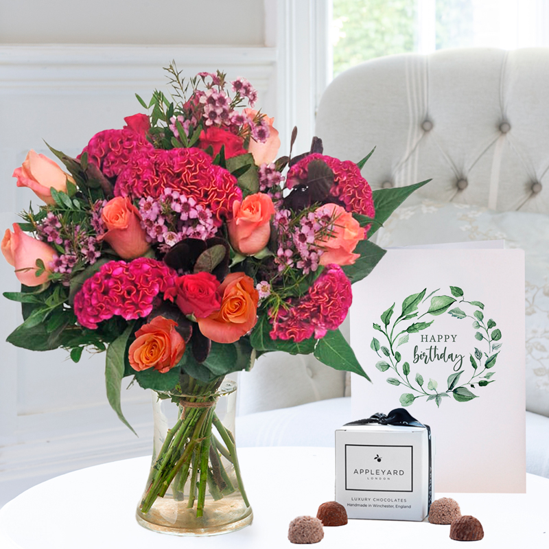 Birthday Flower Gift Set - Autumn Woodlands, 6 Truffles & Birthday Card - Green, Orange, Peach - Alstroemeria & Roses - Next Day Flower & Gift