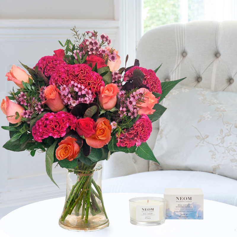 Flower Gift Set - Autumn Woodlands, NEOM Luxury Candle & Vase - Green, Orange, Peach - Alstroemeria & Roses - Next Day Flower & Gift Delivery UK -