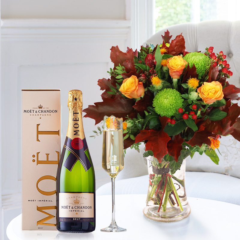 Flower Gift Set - Autumn Punch & Moët & Chandon - Green, Red - Alstroemeria & Chrysanthemum - Next Day Flower & Gift Delivery UK - Appleyard London