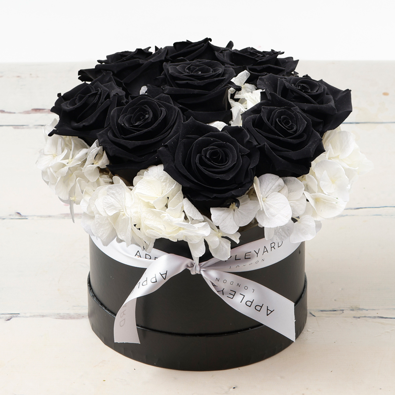 Black Rose & White Hydrangea Hatbox (Lasts Up To A Year) image