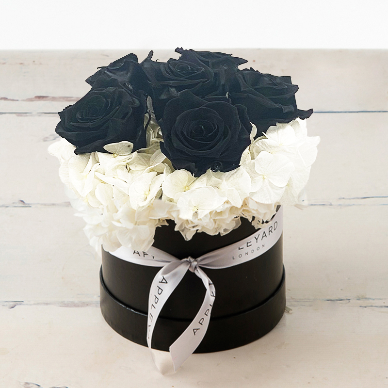 Black Rose & White Hydrangea Hatbox (Lasts Up To A Year)