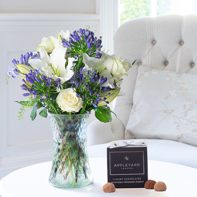 Flowers & Chocolate Truffles Gift Set - Bluebelle & 12 Mixed Truffles - Agapanthus, Lilies - Blue, Cream, White - Next Day Flower & Gift Delivery UK -