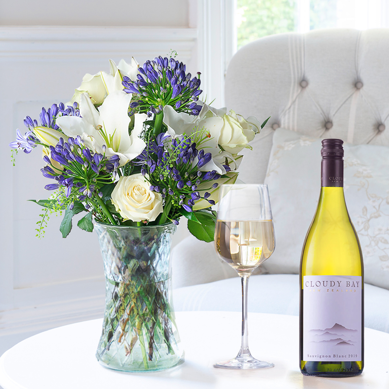 Flowers & Wine Gift Set - - Bluebelle & Cloudy Bay Sauvignon Blanc - Agapanthus, Lilies - Next Day Flower & Gift Delivery UK - Appleyard London