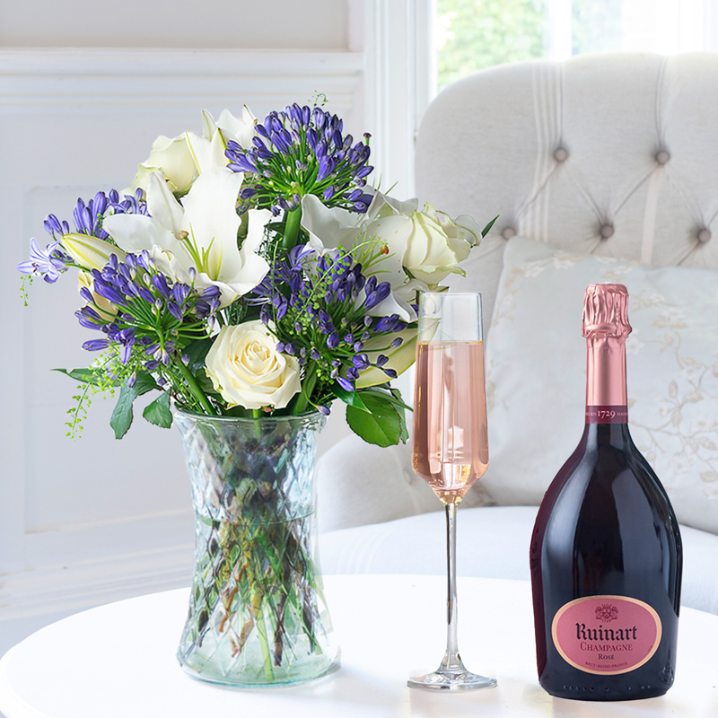 Flowers Champagne Flower Gift Set - Bluebelle & Ruinart Rosé - Agapanthus, Greenbell - Next Day Flower & Gift Delivery UK - Appleyard London