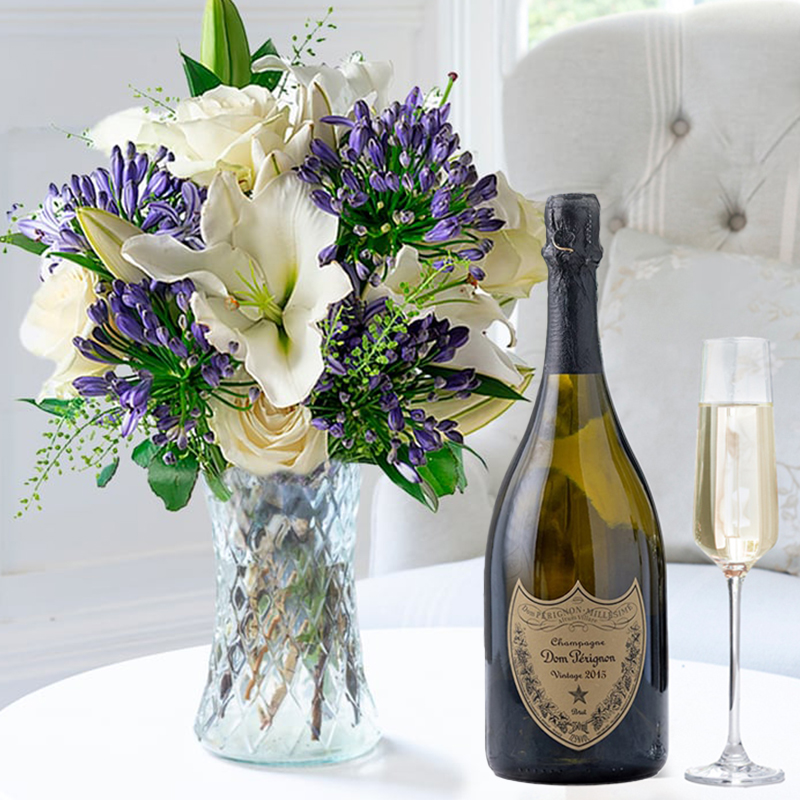 Flowers & Champagne Gift Set - Bluebelle & Dom Perignon - blue - Next Day Flower & Gift Delivery UK - Appleyard London