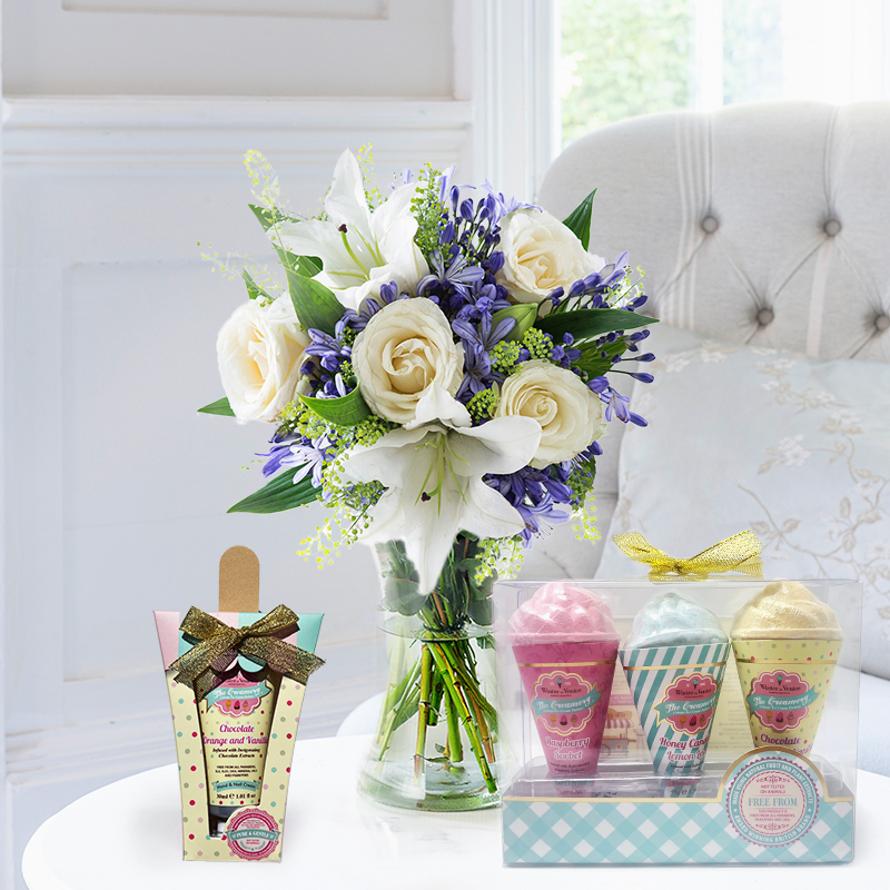 Bluebelle, Cupcake Bath Fizzer Set and Chocolate Orange & Vanilla Hand Cream (30ml) & Nail File Set | By Luxury Florist | Fast UK Flower Delivery -