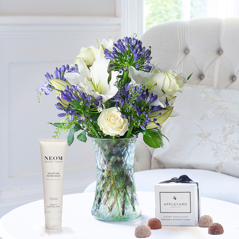 Bluebelle, NEOM Uplifting Handbalm (100ml) & 6 Mixed Truffles | By Luxury Florist | Fast UK Flower Delivery - Appleyard London