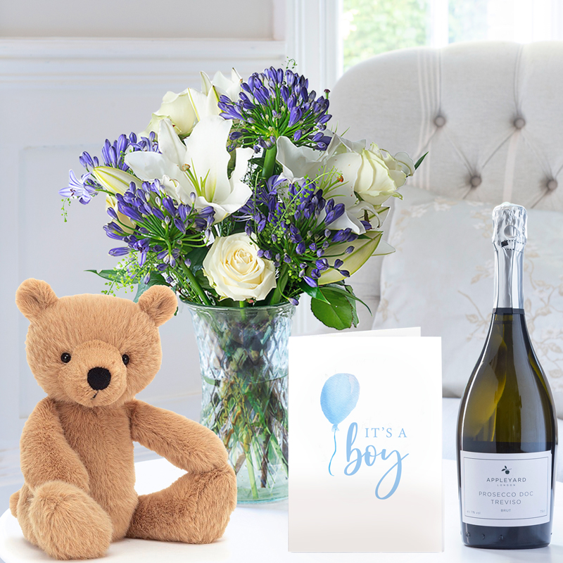 Bluebelle, Prosecco, Jellycat Rufus Bear (29cm) & Baby Boy Card image