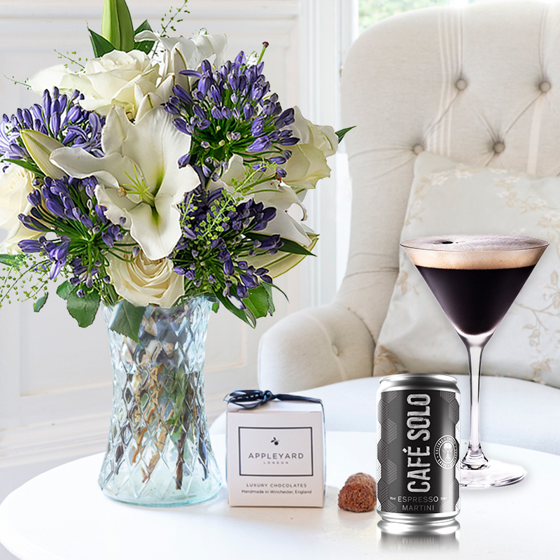 Bluebelle, Vase, 6 Handmade Chocolate Truffles & Espresso Martini | By Luxury Florist | Fast UK Flower Delivery - Appleyard London
