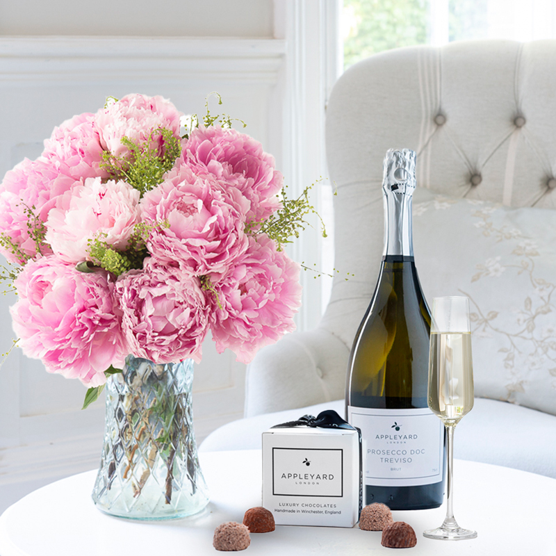 Flower Gift Set - British Pink Peony, Prosecco & 6 Mixed Truffles - Peonies - Pink - Next Day Flower & Gift Delivery UK - Appleyard London