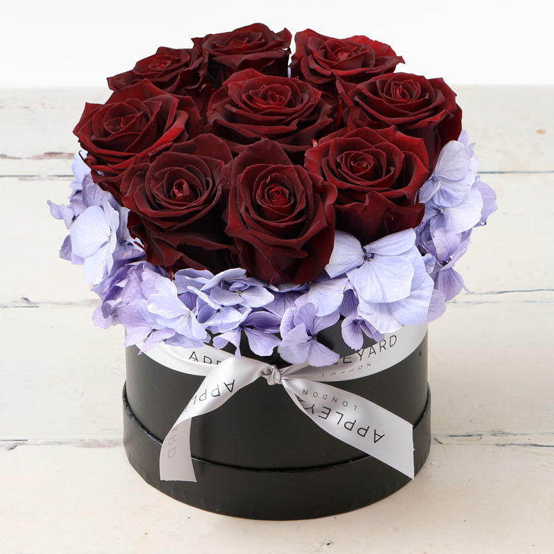 Burgundy Rose & Lavender Hydrangea Hatbox (Lasts Up To A Year) image
