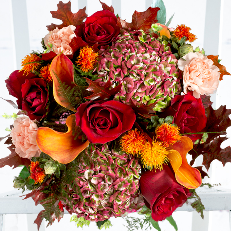 Autumn Hydrangeas, Orange Calla Lilies, Red Roses & Peach Carnations | Autumn Flowers | Butternut Squash | Next Day Flower Delivery - Appleyard London