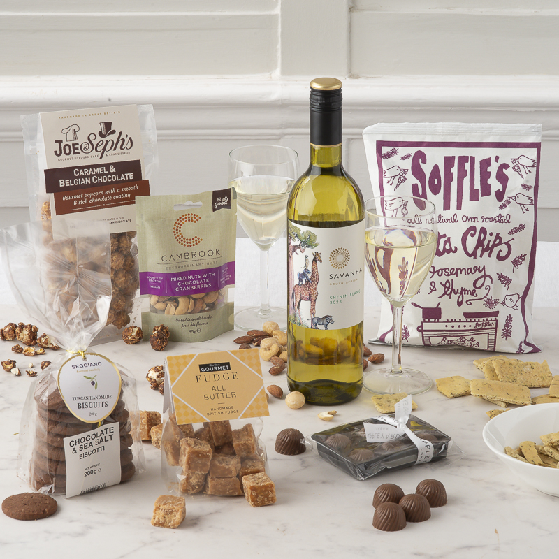 Celebration Box With Wine and Nibbles - Hamper - White - Next Day Hamper Gift Delivery UK - Appleyard London