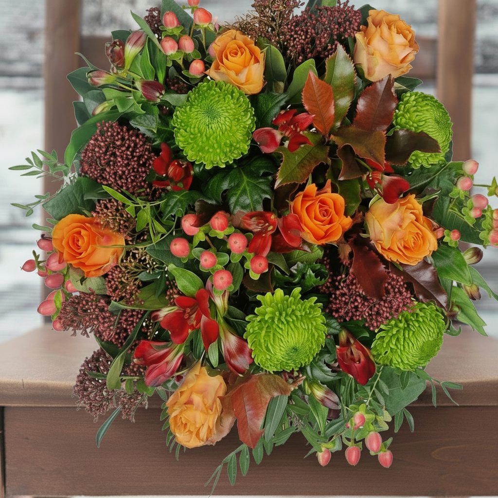New Year Amber - Green, Orange, Peach - Alstroemeria & Chrysanthemum - Flower Bouquet - Next Day Flower Delivery UK - Appleyard London