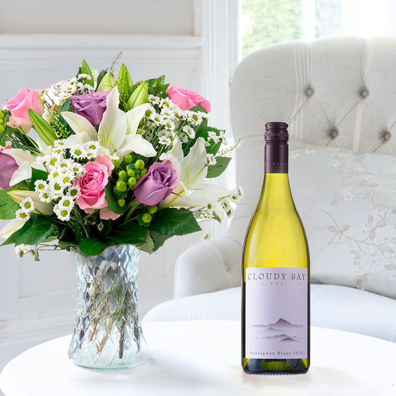 Pink & Lilac Roses with White Lilies | Sauvignon Blanc | Flowers & Wine | Luxury Gifts Delivered - Appleyard London