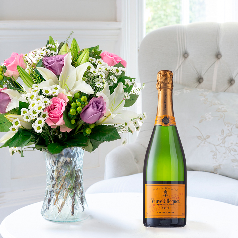 Pink & Lilac Roses with White Lilies | Veuve Clicquot | Flowers & Champagne | Luxury Gifts Delivered - Appleyard London
